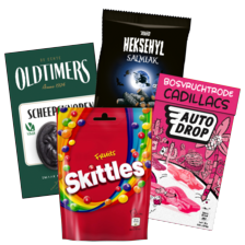 Autodrop, Oldtimers of Toms Heksehyl
zakje/doosje à 235-300 gram
of Skittles zakje à 152 gram